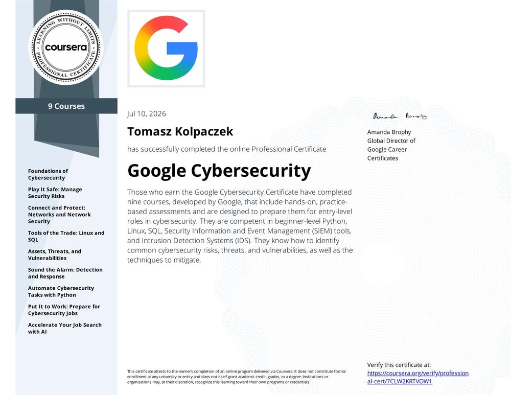 Certyfikat Google Cybersecurity - Tomasz Kolpaczek